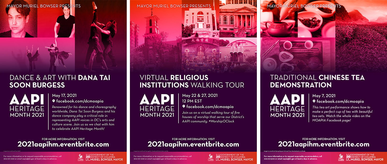 3 sub-flyers promoting AAPI heritage month events: tea demonstration, religious institutions tour, and artist highlight featuring choreographer Dana Tai Soon Burgess