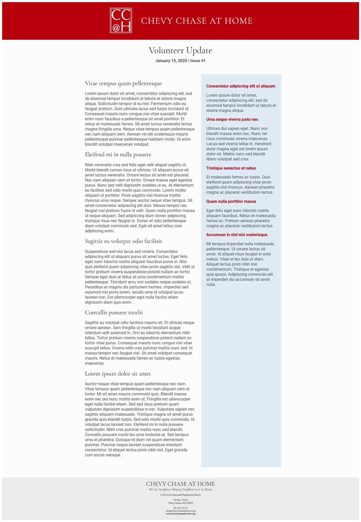 two-column branded email template filled with dummy text