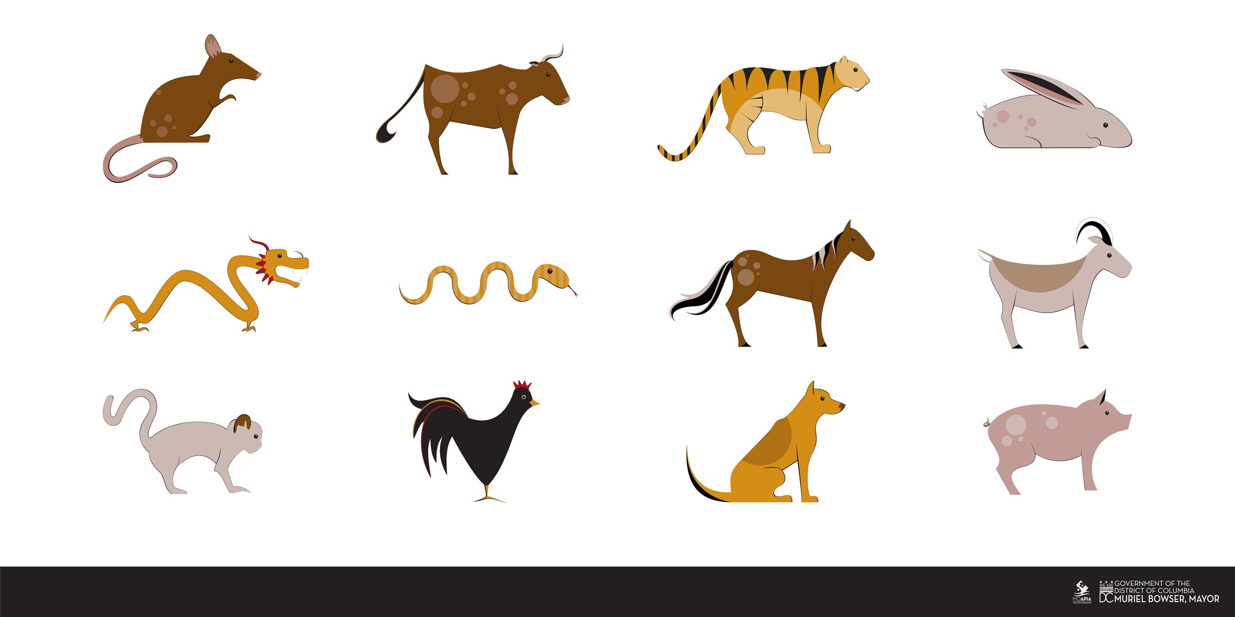 the 12 characters of the Chinese zodiac in flat color illustrations