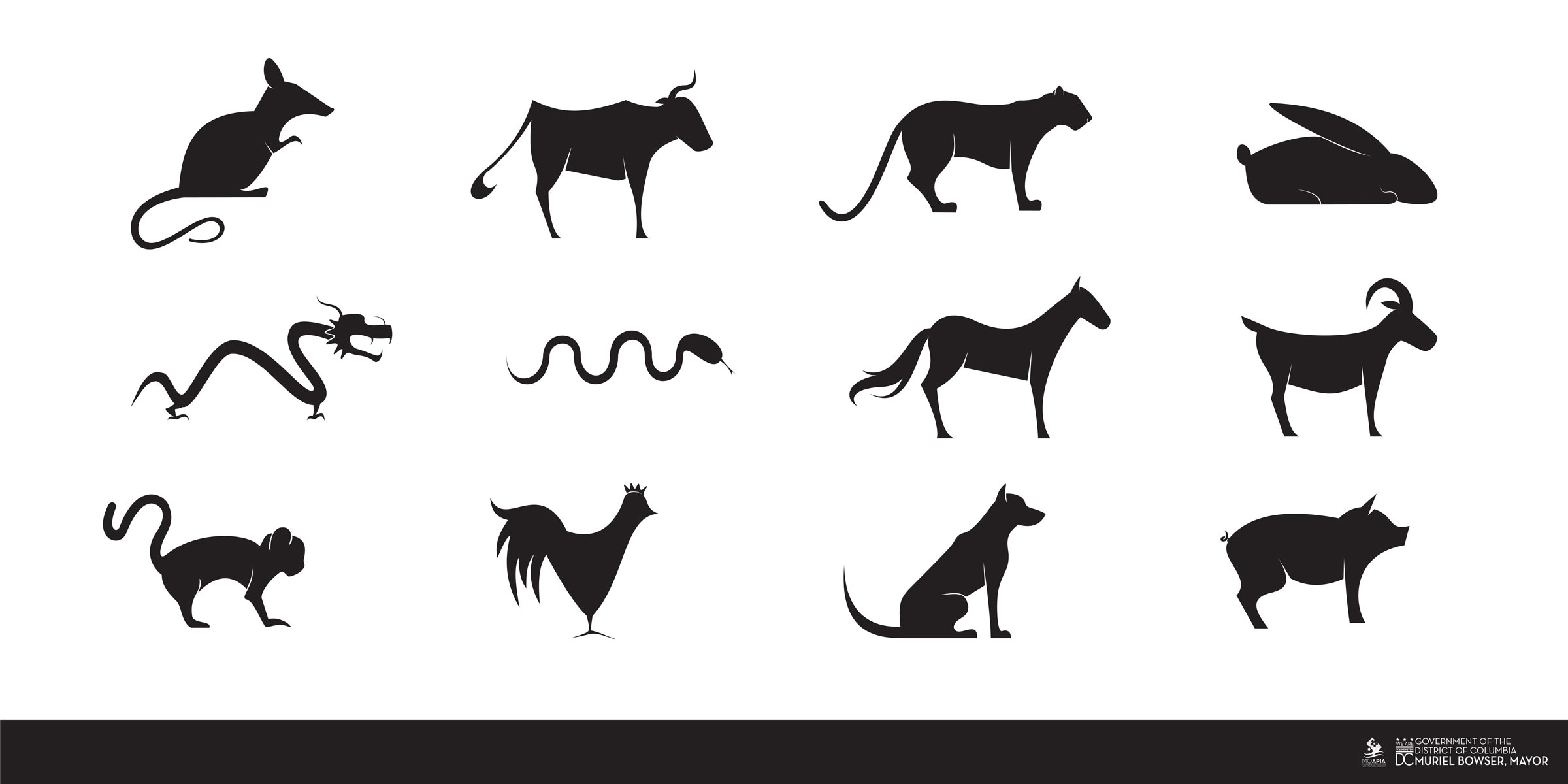 all 12 zodiac characters in simple black silhouettes